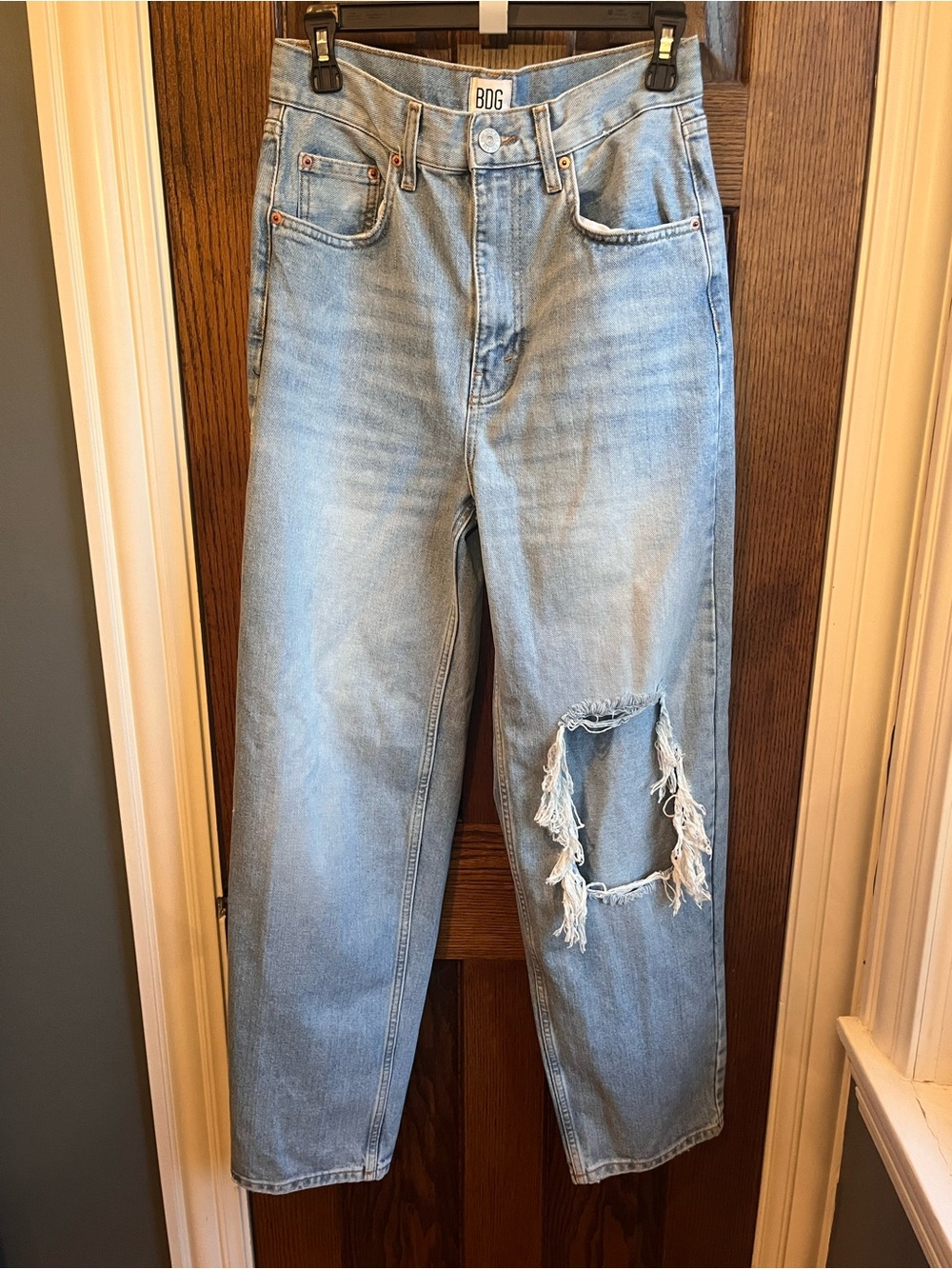 Urban Outfitters Light Blue Flare Jeans with Distressed Knee - Picture 2 of 5